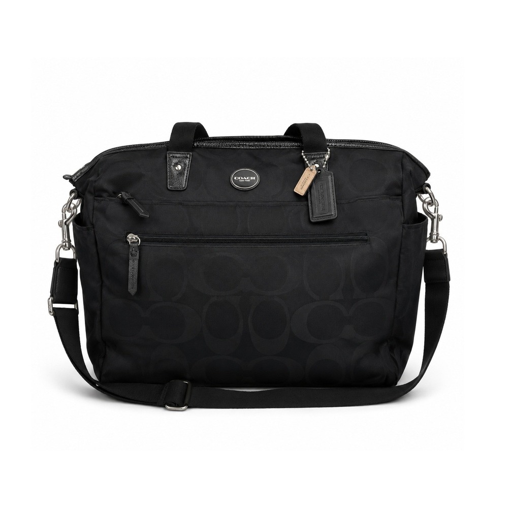 Coach Black Signature Canvas Diaper Bag Nylon Interior Shoulder Tote F77577